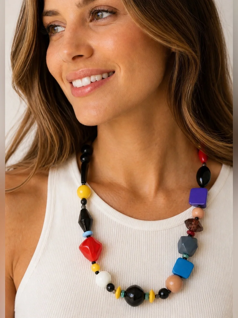 Multi Gemstone Yellow Agate & Wooden Beaded Necklace 22” Handmade Boho Statement